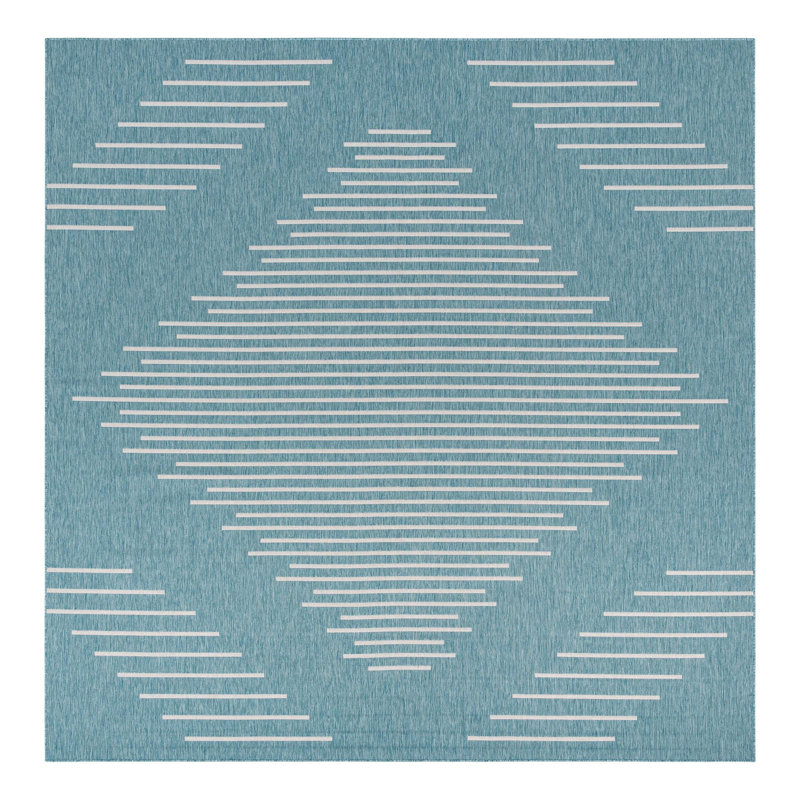 Tapis rayé en polypropylène tissé à la machine intérieur / extérieur gris / bleu, Carré 13 pi 1 po
