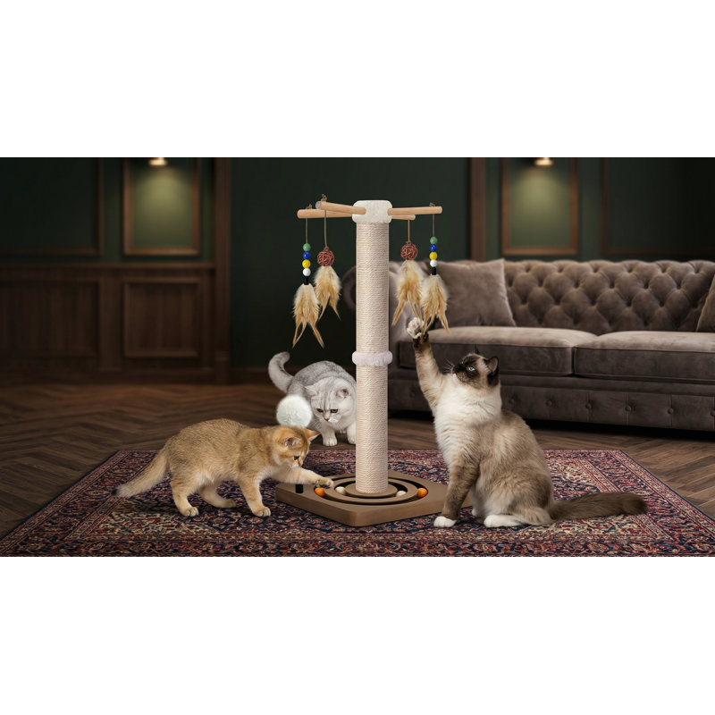 Grattoir pour chat avec 2 méthodes de fixation, tour d'arbre en sisal avec boule suspendue et rail à billes, 25 pouces