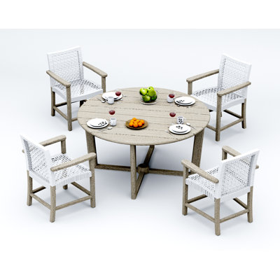 7 Pcs Grade-A Weathered Teak Wood Dining Set: 60" Sema Round Table And 6 Alsoi Arm Chairs #11AI3506