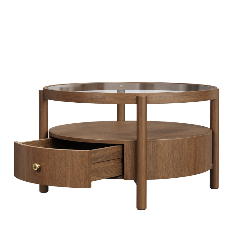 Table basse ronde en bois massif avec plateau de rangement en verre