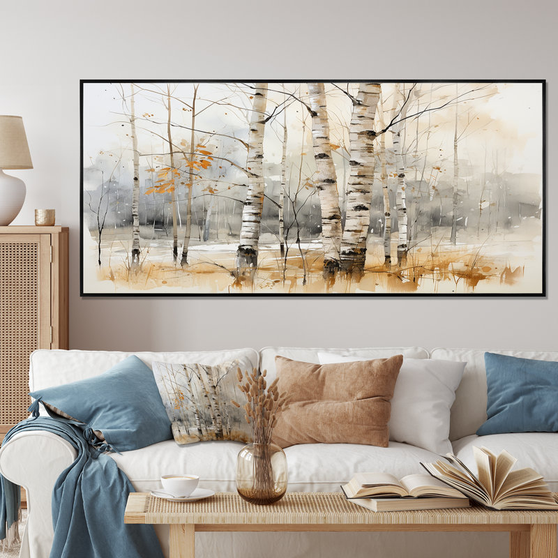«Winter Birch Wood Forest I - Tree Birch», art mural, Cadre flottant noir, H 28 po x l 60 po x P 1,5 po