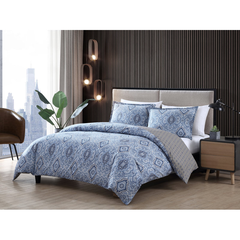 Milan Blue and Gray Cotton Twin Reversible Comforter Set