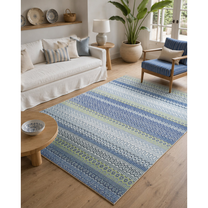 Blue Themed Stripe Geometric Patterned Fringed Vintage Decorative Carpet, Rectangle 3'4" x 6'7"