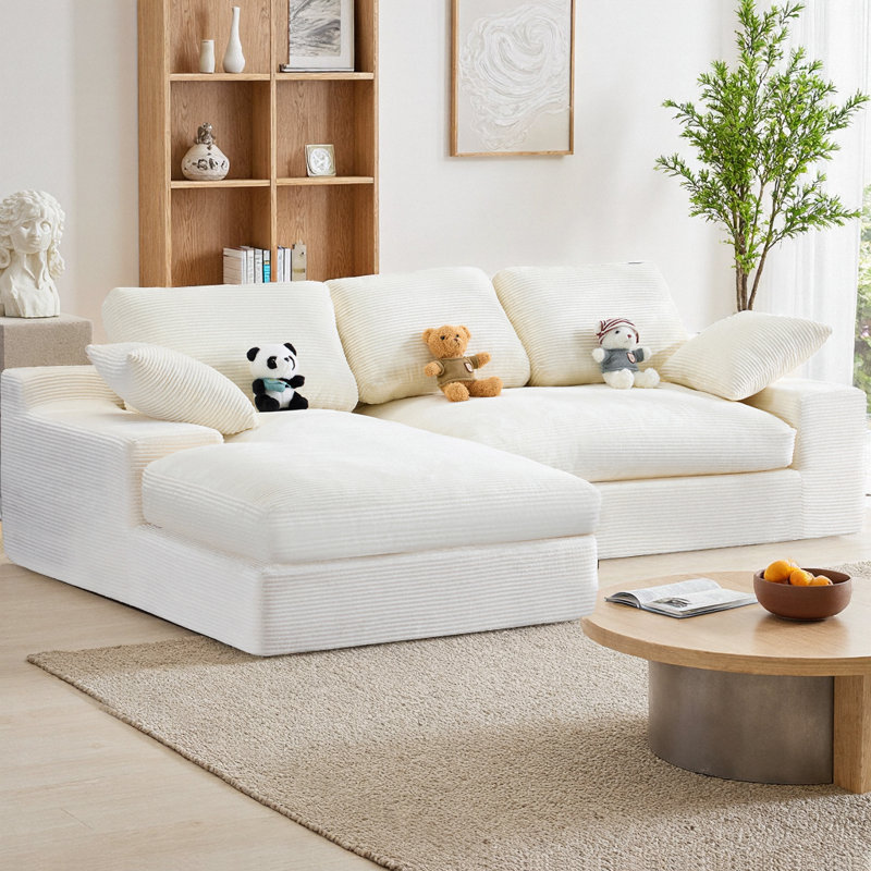 Canapé modulaire en L avec chaise longue en velours côtelé Corduroy, Velours côtelé blanc