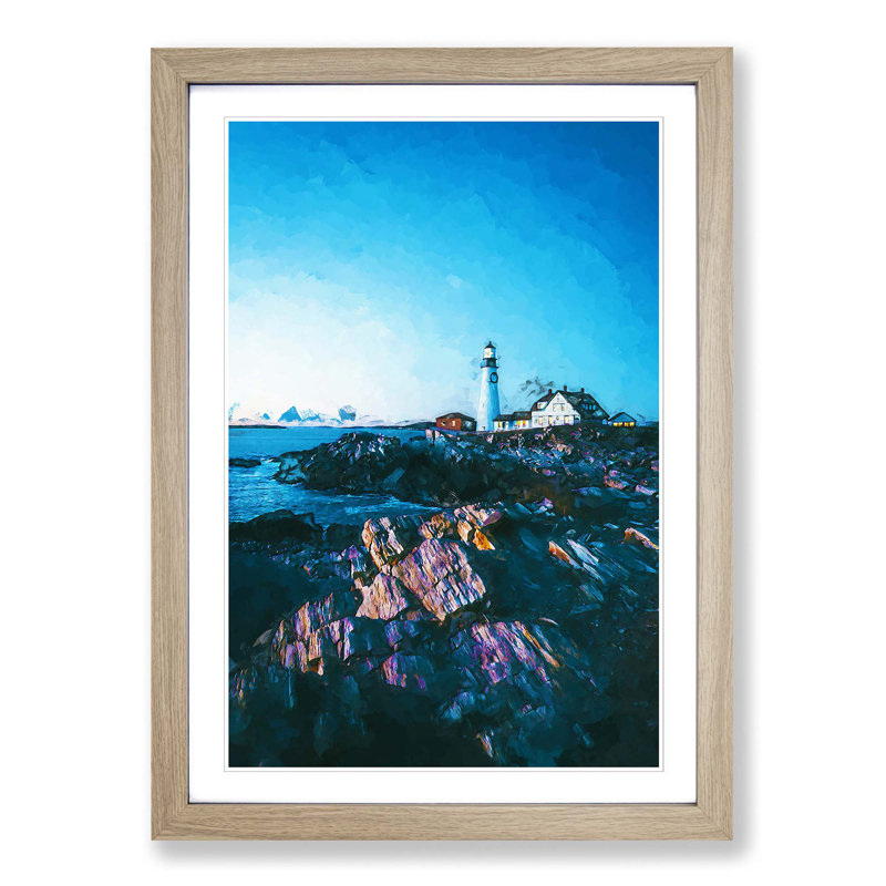 Lighthouse in Cape Elizabeth Maine in Abstract - Picture Frame Graphic Art Print, 48cm H x 36cm W x 2cm D, Oak Framed