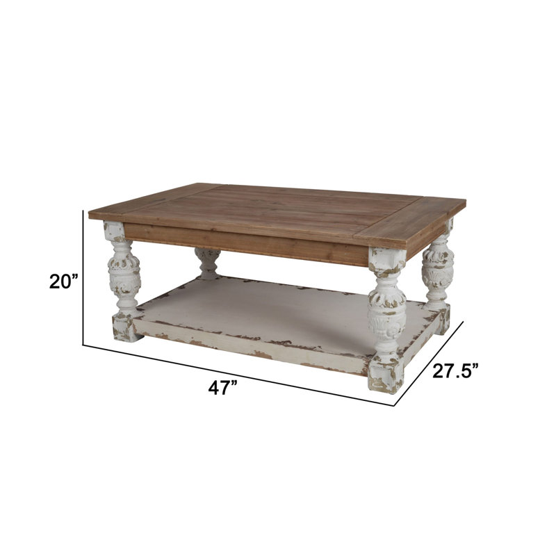Whitewash Fir Wood Rectangular Coffee Table with Storage and Carved Legs