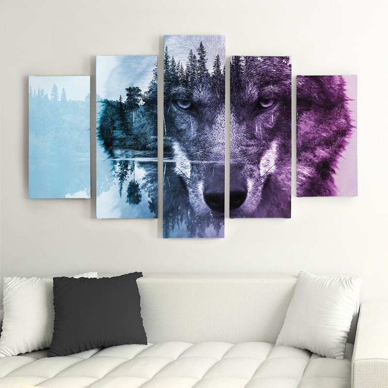 Forest Wolf Animals Nature - 5 Piece No Frame Print on Canvas, 70cm H x 100cm W