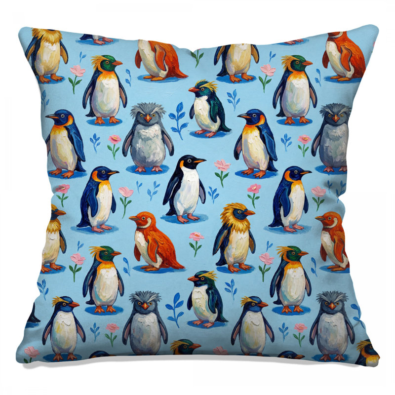 Colourful Penguin Illustration Double Sided Throw Pillows, 14 x 14 inches