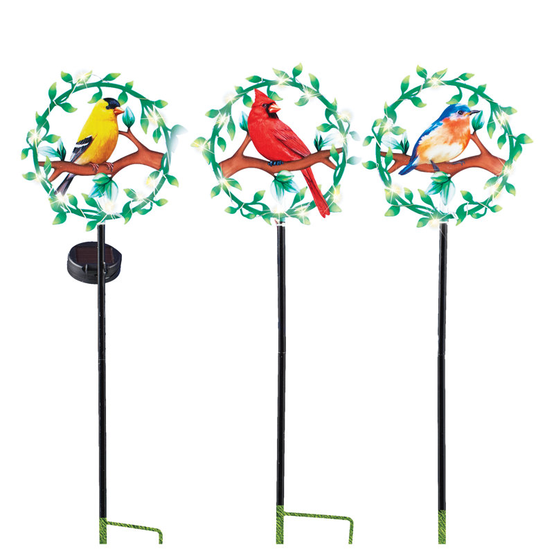 Solar Powered LED Lighted Bird Stakes Set with Colorful Songbirds