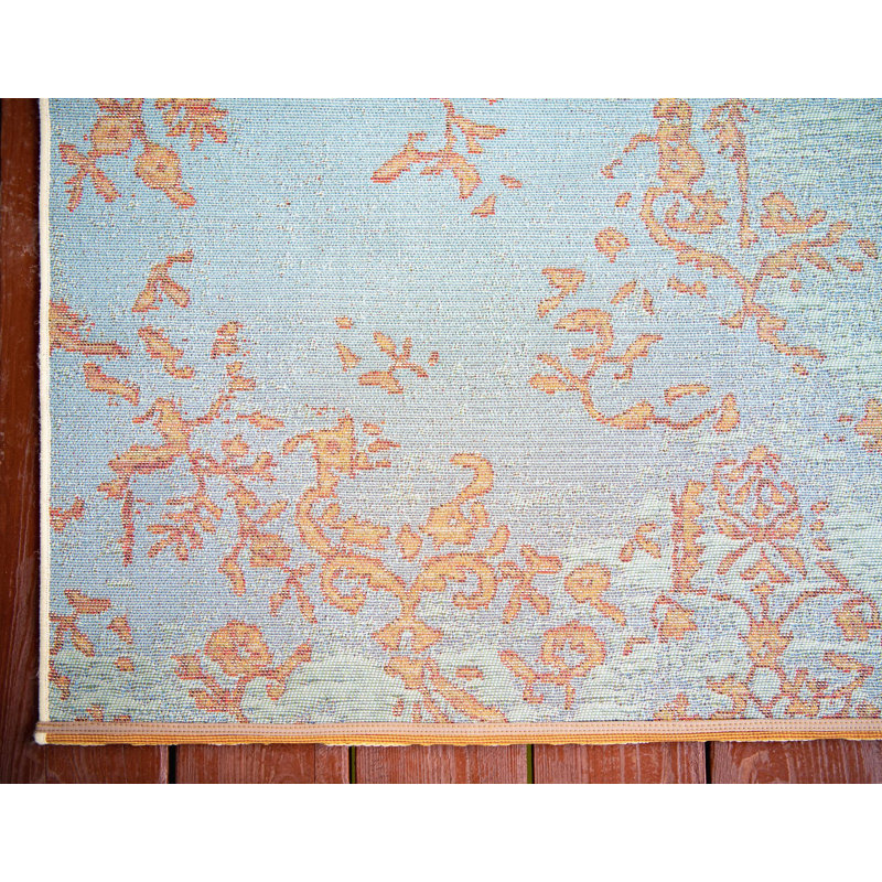 Tapis intérieur / extérieur à motif floral beige / bleu Newt, Tapis de couloir 2 pi 7 po x 5 pi 3 po