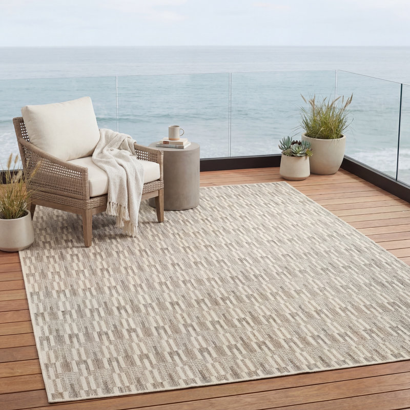 Tavraj Modern Geometric Beige / Ivory Indoor/Outdoor Rug, Rectangle 7'10" x 10'
