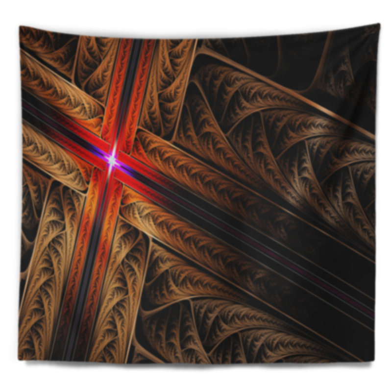 Tapisserie abstraite à motif de croix fractale dorée, H 68 po x l 80 po