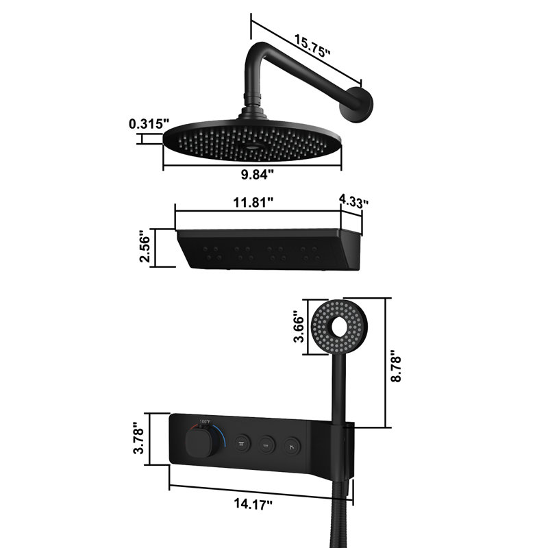 3-Function Rainfall Thermostatic Shower System with 2-Sprayer Head and Neck Massage & Storage Shelf