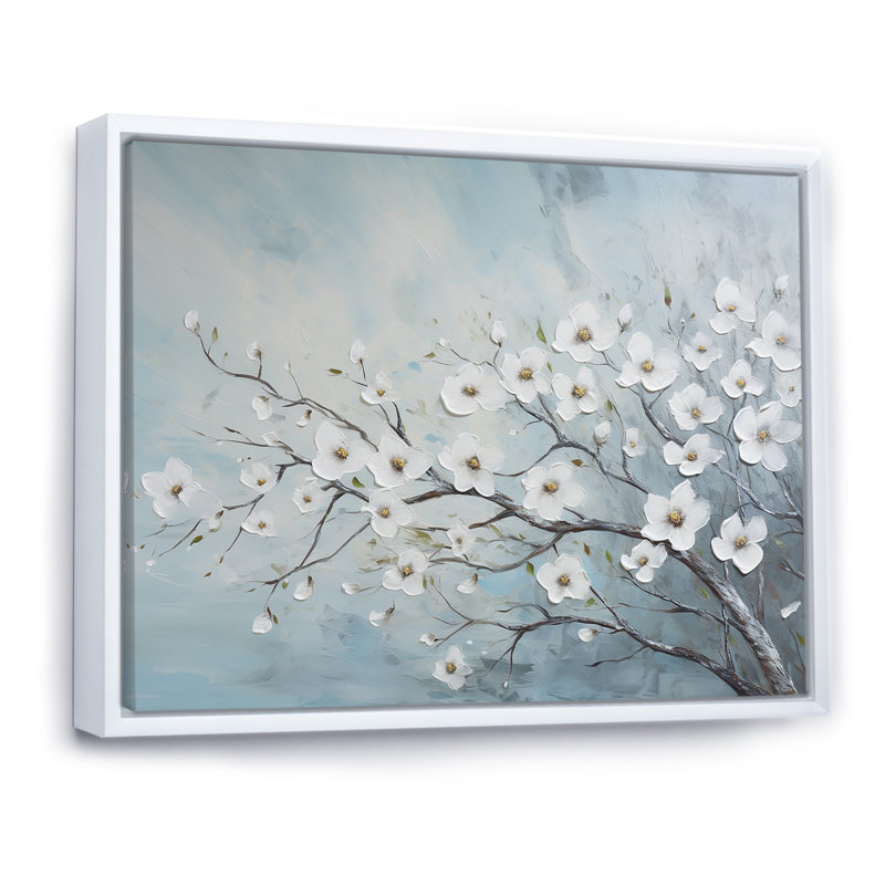 Cornouiller et fleurs, H 12 po x l 20 po x P 0,5 po, Cadre flottant blanc