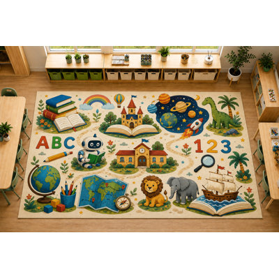 Tapis d'éveil éducatif « Ultra Fin » 152 x 213 cm, doux et à poils courts, avec envers antidérapant en silicone, beige, idéal pour la chambre ou la salle de jeux des enfants.
