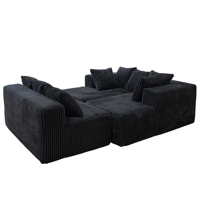 Cloudform Bonless 4-Piece Modern U-Shaped Sectional Sofa with Plush Corduroy Fabric, Black Corduroy