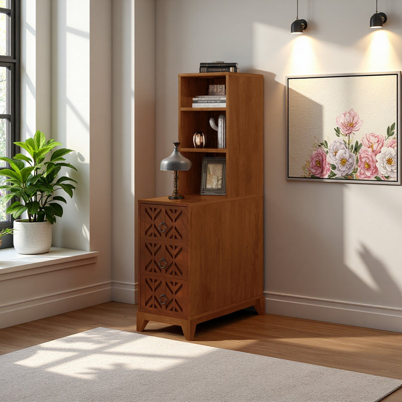 End Table With 3 Drawers, Corner Table With 2 Open Shelves, Tall Side Table For Bedroom And Corner, Natural