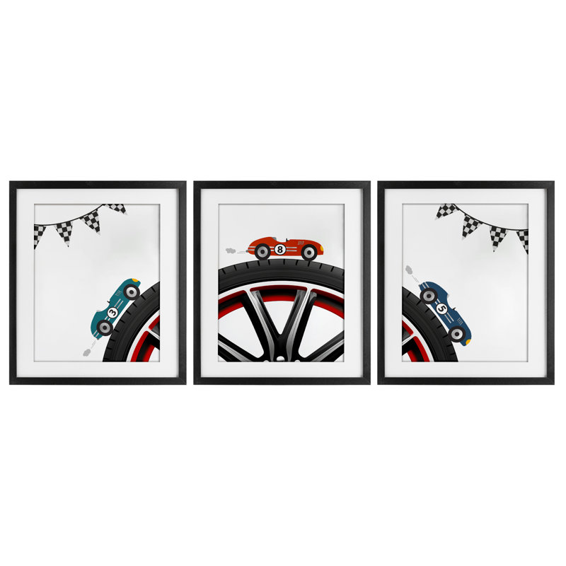 «Fast Lane Racecars & Wheels», ensemble de 3 impressions encadrées sous verre, design par Christine Simpson Art