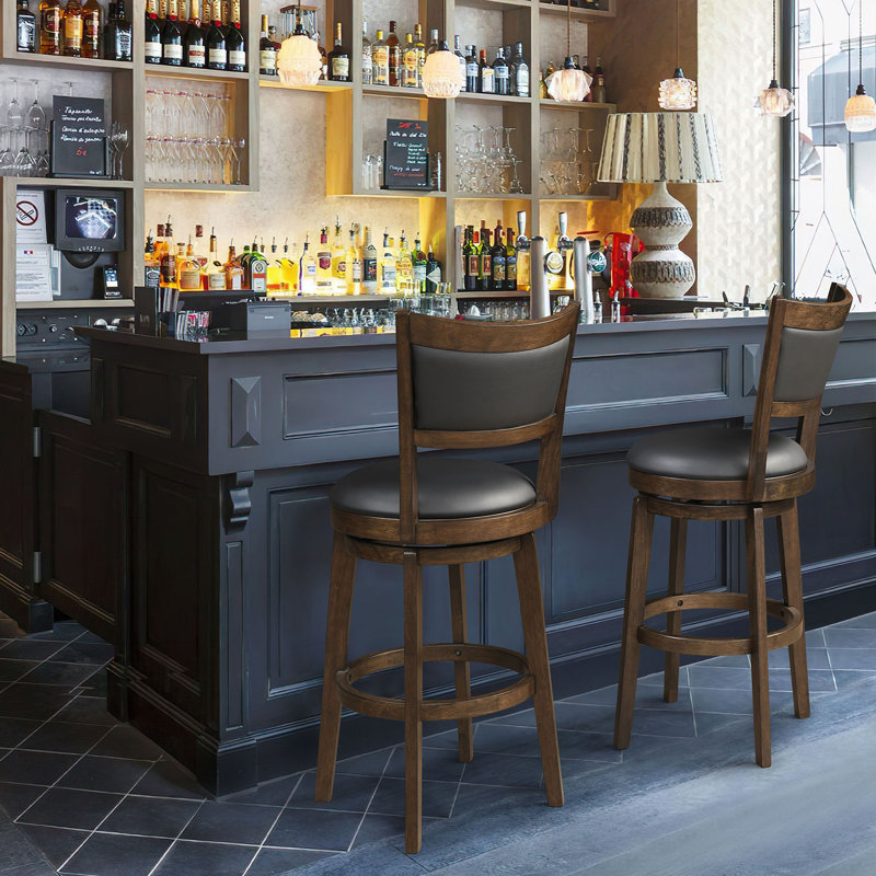 30" Swivel Stools Set Of 2, Black Faux Leather Upholstered Seat & Solid Wood Footrest, Stool For Kitchen Island & Pub