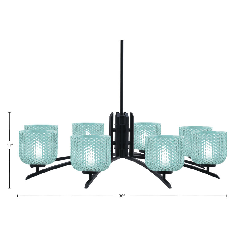 Lustre 8 lumières kurve au fini noir mat avec verre texturé de 6 po, Sarcelle