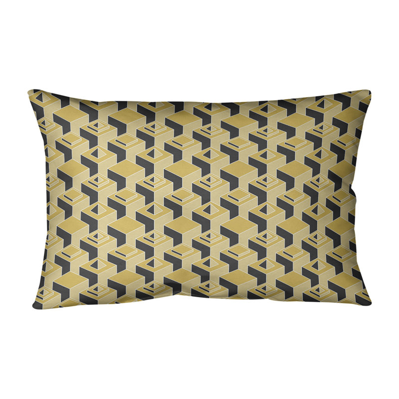 Coussin lombaire en similicuir à motif de gratte-ciels, Jaune/noir, Polyester/bourre en polyester