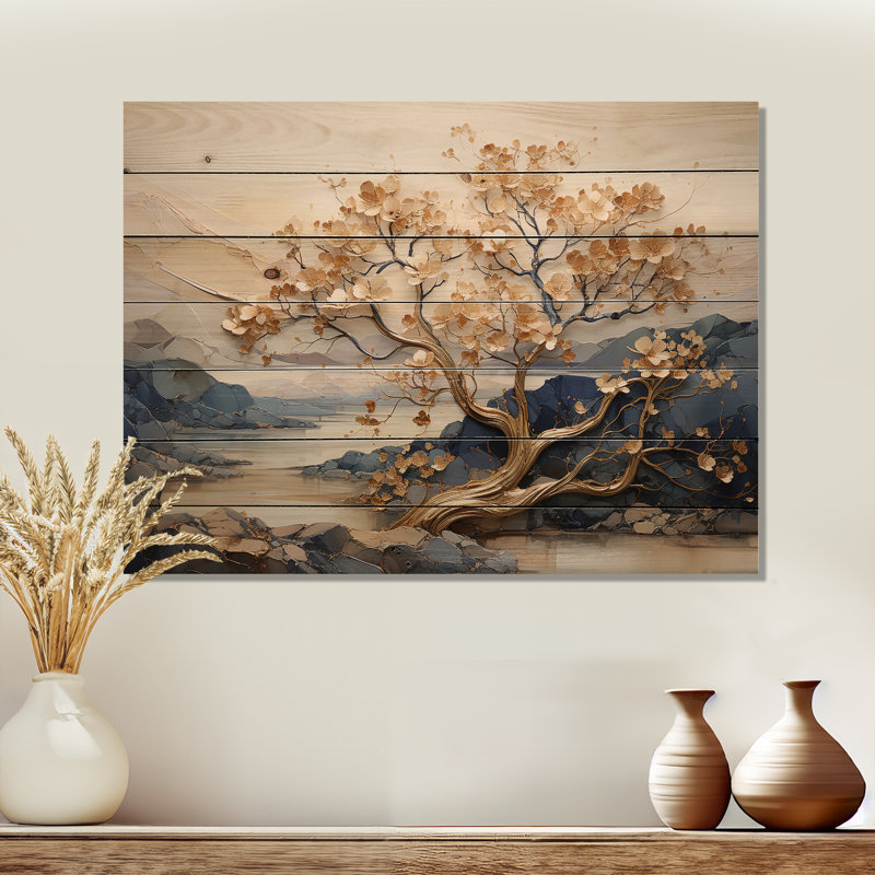 Gilded Beauty Maple Tree I - érable sur bois, art sur bois de pin naturel, H 10 po x l 20 po