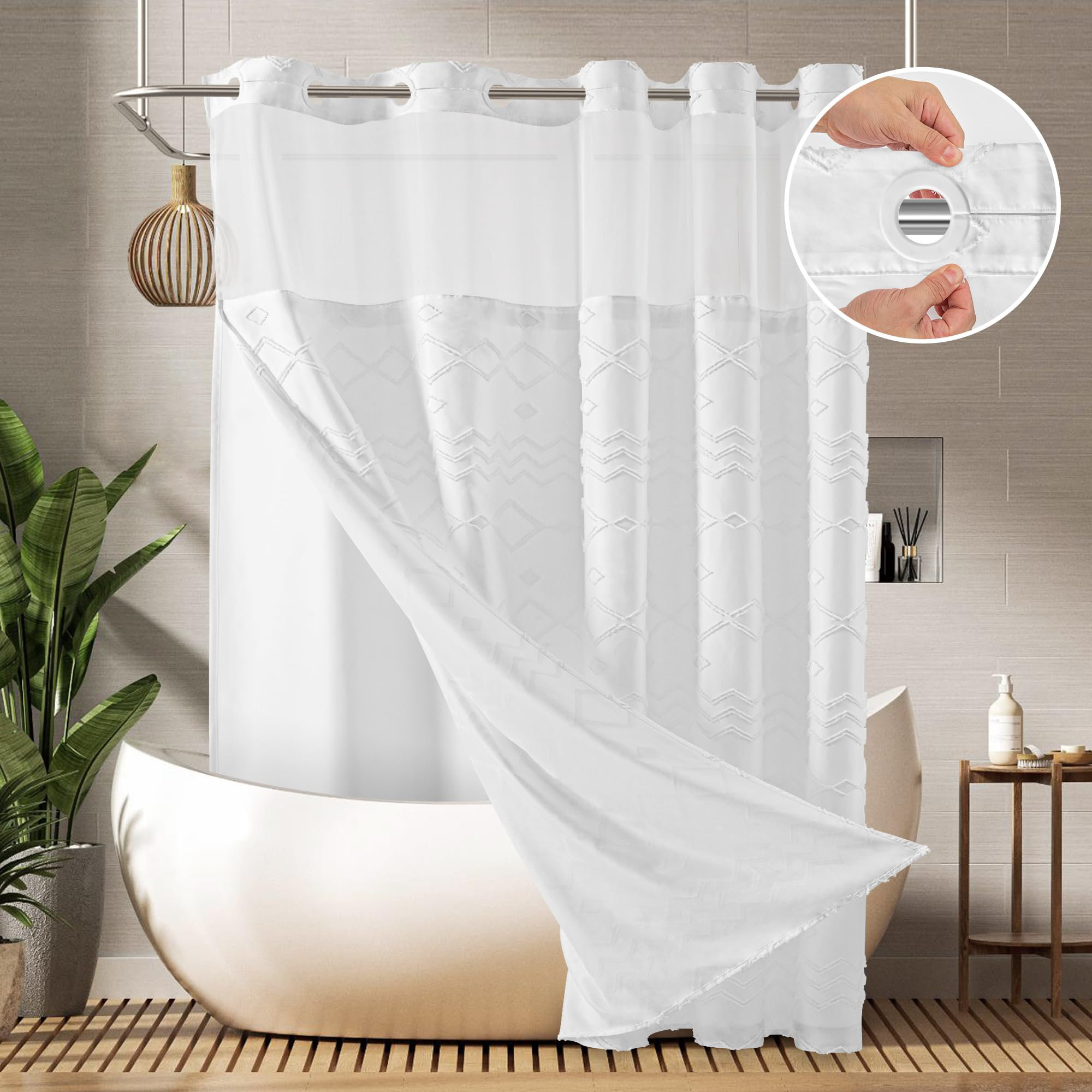 Dakota Fields Hookless Shower Curtain With Snap-In Liner, Boho Fabric Tufted Herringbone Stripe ...