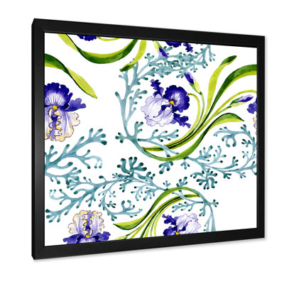 Iris bleu avec feuilles de printemps sauvages - peinture sur toile