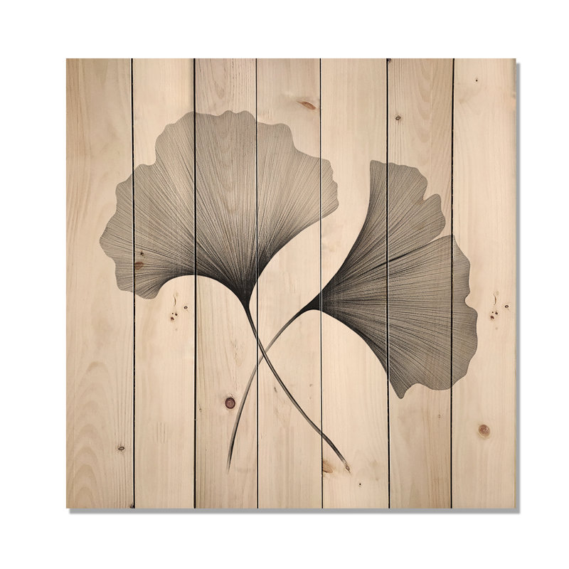 Grey And White Ginkgo Minimalist Leaves I - Leaves Wood Wall Art On Natural Pine Wood, 36" H x 36" W