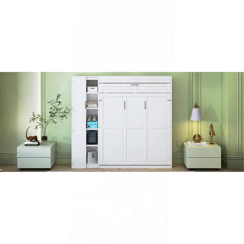 Lit escamotable double pleine grandeur avec tablettes, garde-robe et lumières DEL, blanc, Lit double, Blanc