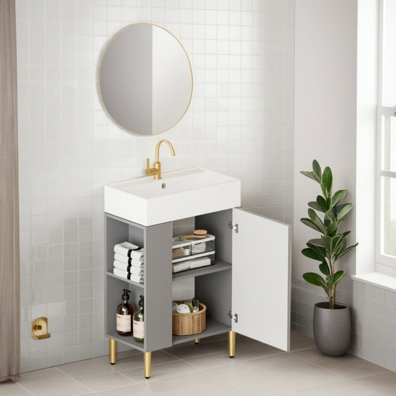 Meuble-lavabo contemporain 21,6 po avec lavabo en céramique, porte à fermeture en douceur et tablettes ouvertes à droite, gris