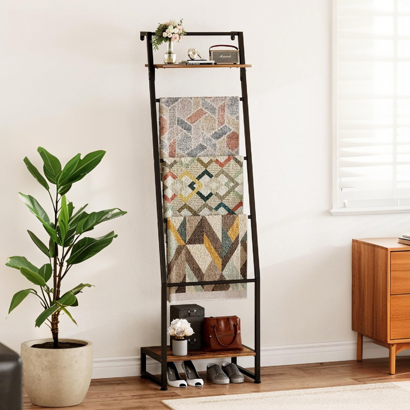 6-Tier Ibrahim With Shelf Rustic Brown And Black, 59-Inch Wall-Leaning Farmhouse Rack For Organized Storage, Freestanding Design Enhances Bathroom Decor, Space-Saving For Small Rooms With Adjustable Feet