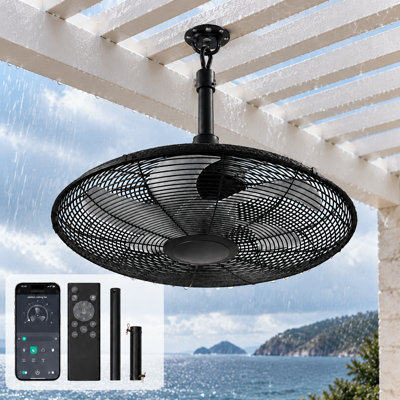 Ventilateur de plafond extérieur 20 po, imperméable, moteur à courant continu réversible, 6 vitesses, télécommande et contrôle d'application, fixation par crochet, noir