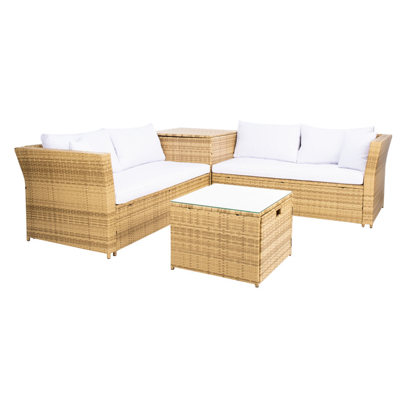 Ensemble de conversation modulaire en rotin 3 pièces avec coussins Kameren, Structure naturelle / coussin blanc