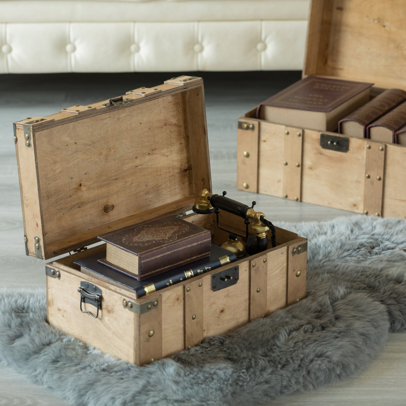 Coffre en bois naturel avec poignées, grand