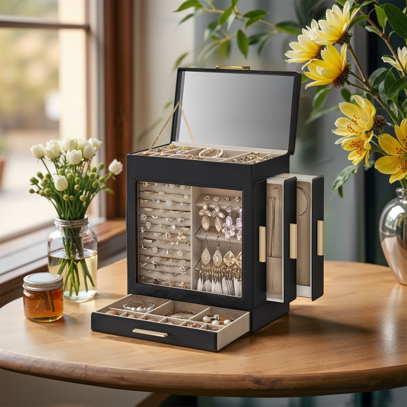 Boîte à bijoux en bois + miroir, Encre noire