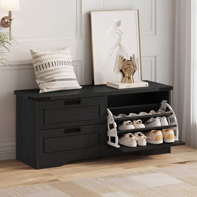 Guinna Farmhouse Entryway Bench, Wood Shoe Storage Bench With Flip Drawer, Enter Way Bench Shoe Cabinet Organizer, Hidden Shoe Rack Bench For Living Room Hallway