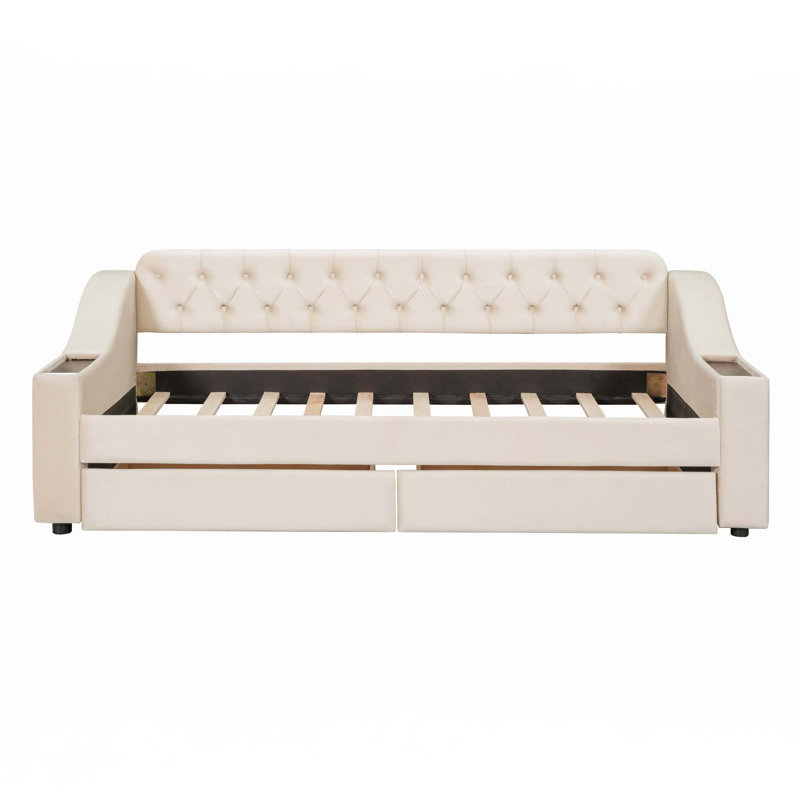 Lit de jour simple rembourré avec accoudoirs de rangement et port USB, Beige