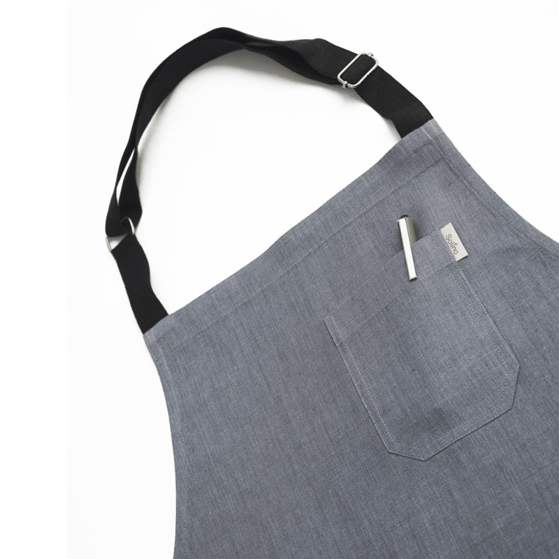 Classic Linen Bib Apron - 100% Pure Linen Apron, Gray/Black