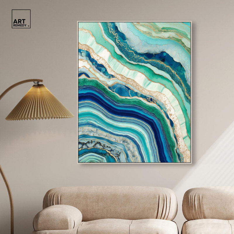 «Blue Green Abstract Agate II», art abstrait bleu sarcelle par , H 46 po x l 37 po, Encadrement argenté