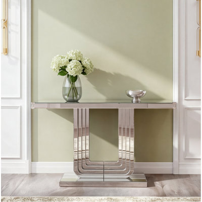 47-Inch Silver Mirrored Console Table with U-Shaped Base and Hand-Spliced Line Design, Entryway Table for Living Room, Hallway, Foyer