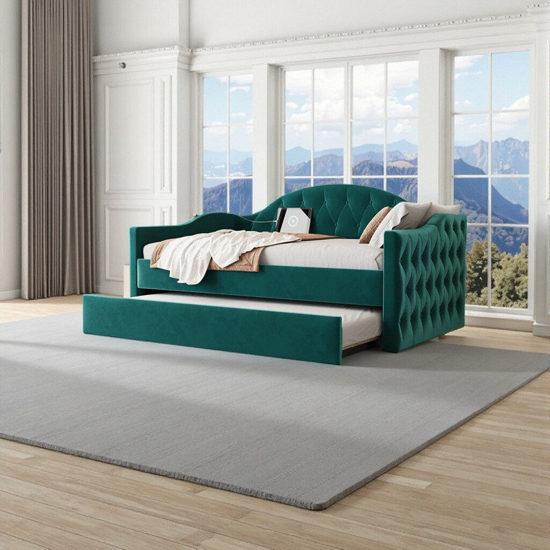 Lit de jour simple capitonné rembourré avec couchette - Canapé-lit en velours avec ports de chargement USB, Vert