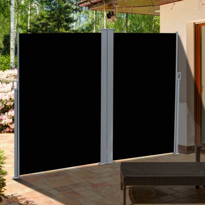 20' Double Retractable House Screen Awning - Protection Fabric & Steel Support, Black Privacy Protected With Automatic Roll-Back And Structure, Outdoor/Indoor,