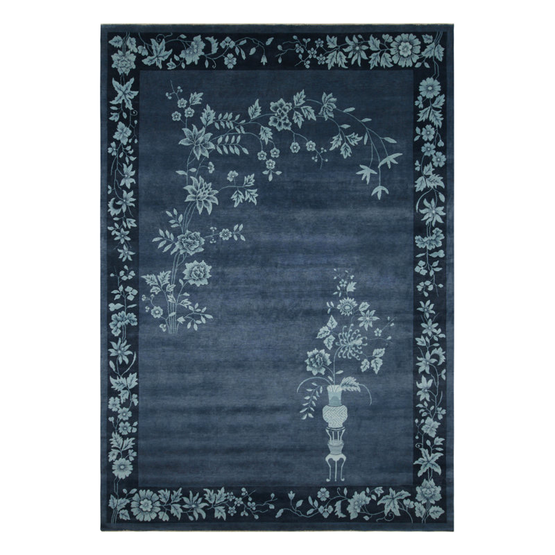 Art Deco Hand Knotted Wool Floral Area Rug, Rectangle 5' x 7'