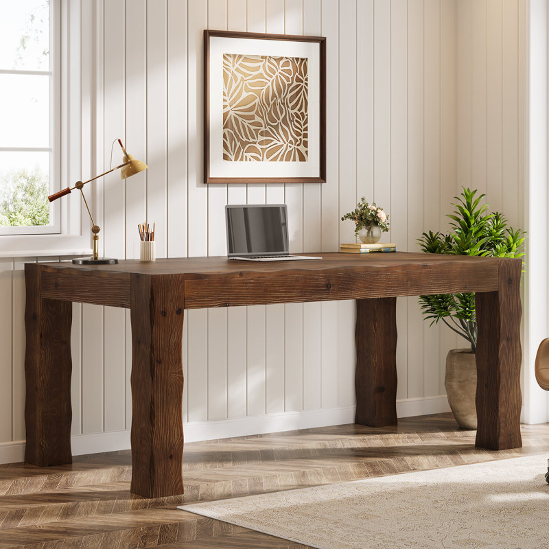 63'' Solid Wood Executive Desk, All Real Wooden Home Office Computer Desk, Dark Brown