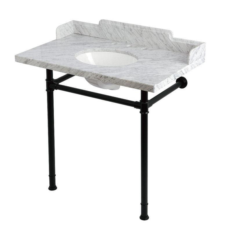 Kingston Brass Wesselman 36-Inch Carrara Marble Console Sink with Stainless Steel Legs (8-Inch, 3-Hole), Matte Black