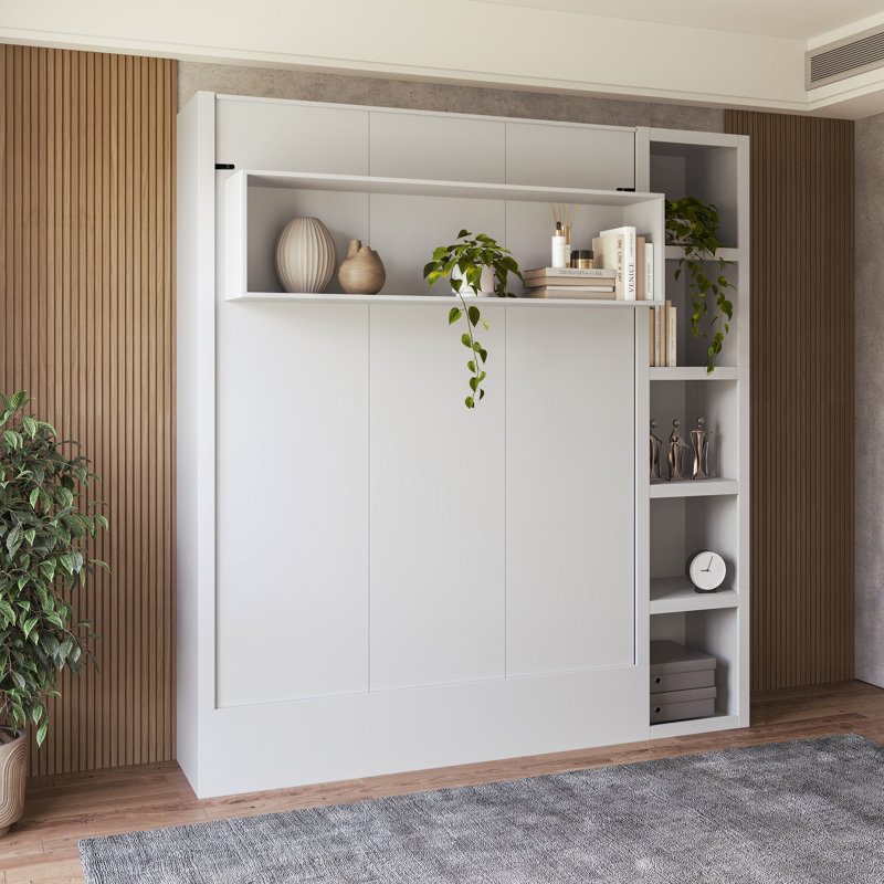 Lit escamotable avec bibliothèque Easy-Lift, Blanc, Grand lit