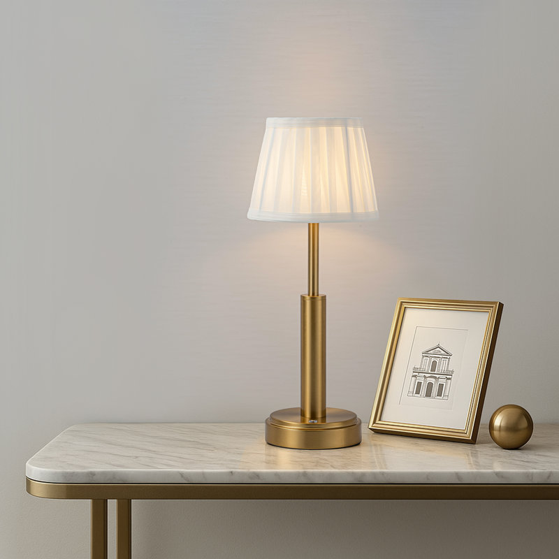 Lampe de table 16 "rétro en laiton antique sans fil rechargeable avec lampe de table à DEL avec abat-jour en tissu pour abri de chambre à coucher