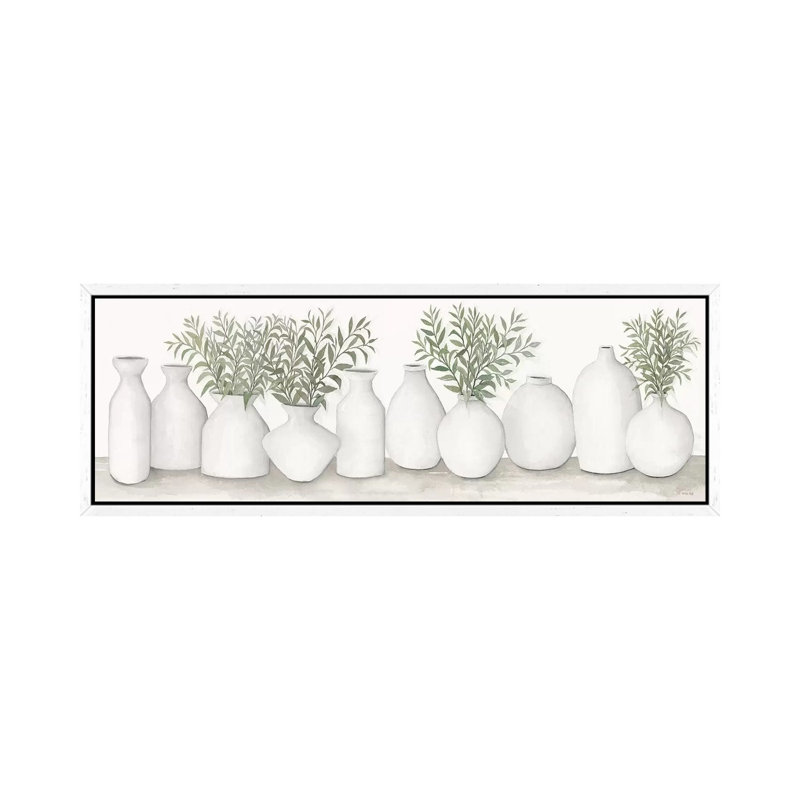 White Vases Still Life by Cindy Jacobs - Panoramic Painting on Canvas, 30.48cm H x 91.44cm W x 3.81cm D, White Framed Canvas