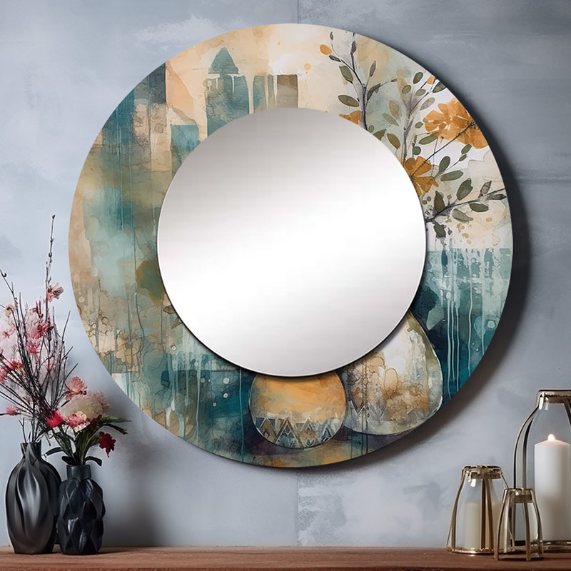 Panthère orange et vert abstrait Bohemia IV - miroir décoratif plume Boho, miroir mural rond orange, impression sur métal